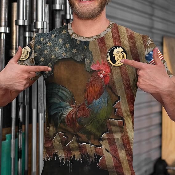 Rooster T-shirt for Men Funny Chicken 3D Printed Vintage Crew Neck Short Sleeve Shirts