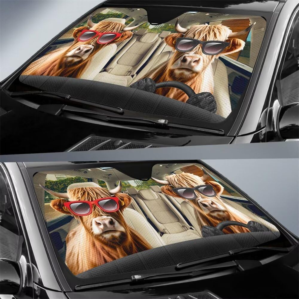 Funny Highland Cow Driving Auto Sun Shade Car Windshield Window Cover
