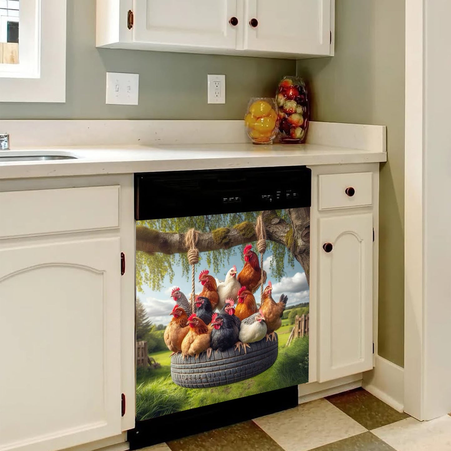 Farmhouse Chicken Dishwasher Cover – Funny Hen Tire Swing Magnet for Kitchen Decor
