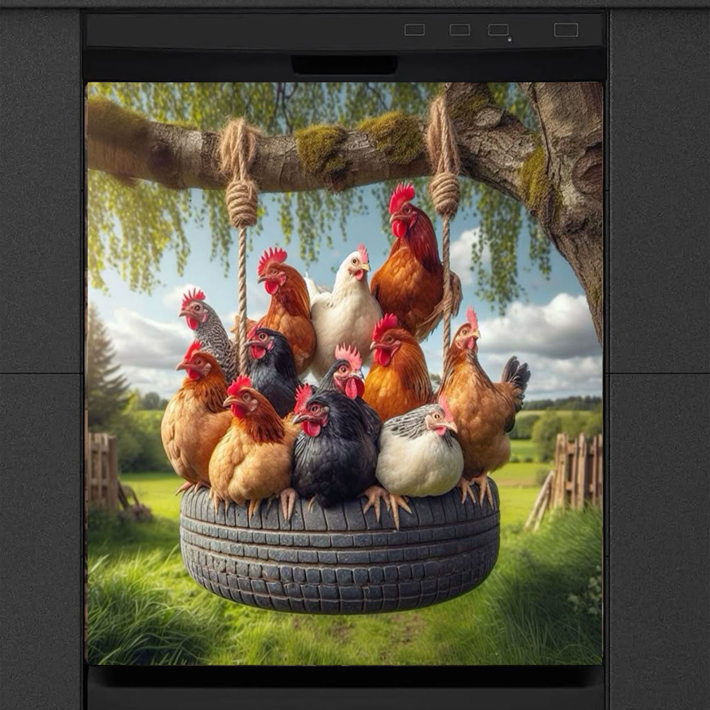 Farmhouse Chicken Dishwasher Cover – Funny Hen Tire Swing Magnet for Kitchen Decor