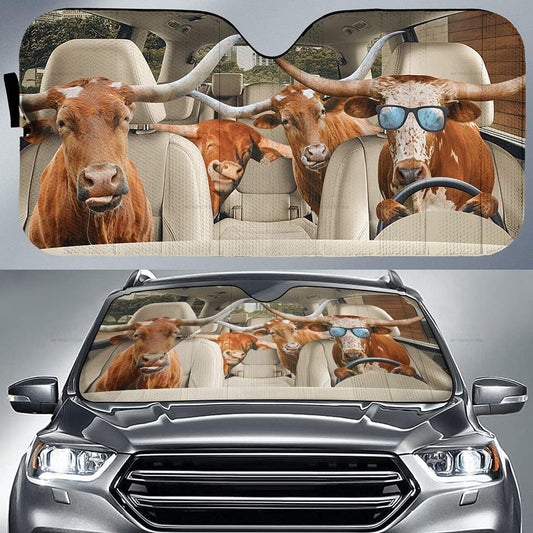 Texas Longhorn Cows in Car Sunshade Funny Cattle Driving Car Sunshade