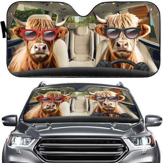 Funny Highland Cow Driving Auto Sun Shade Car Windshield Window Cover
